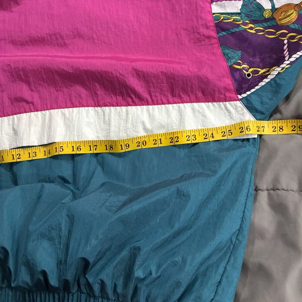 Vintage 80s Color Block Windbreaker Jacket Pink Teal Equestrian Scarf Print Sz L - Picture 9 of 11